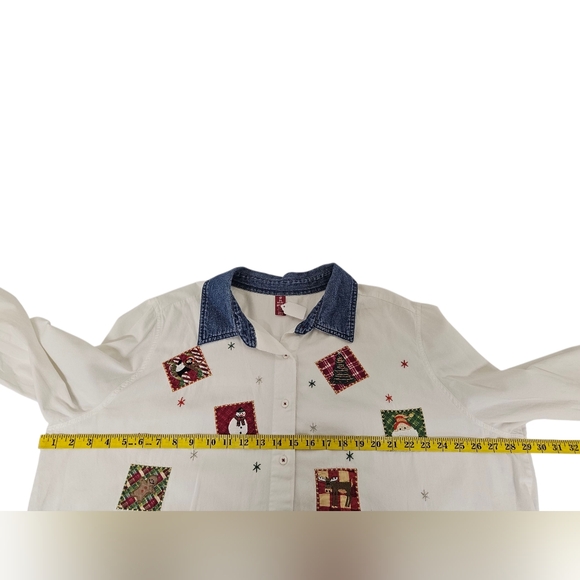 Christmas Embroidered Patchwork Long Sleeve Button Up in White Cotton Sz 3x - Picture 7 of 8